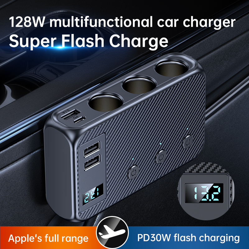 128W 車の充電器アダプタ 7 in 1 シガーライタースプリッター高速 PD30W/QC 3.0 独立スイッチ 12V/24V DC シガーコンセント