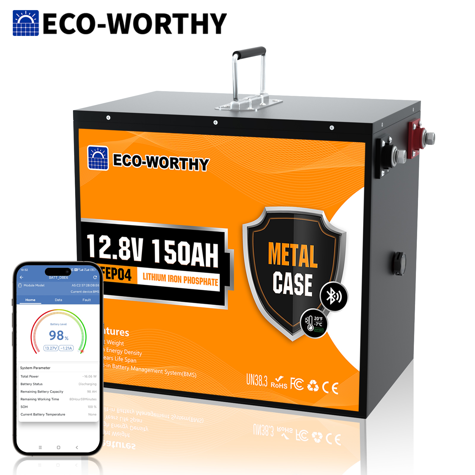 環境に優しい 12V 150AH Bluetooth LiFePO4 リチウム電池、低温保護機能付き、120A BMS 内蔵、トローリングに最適