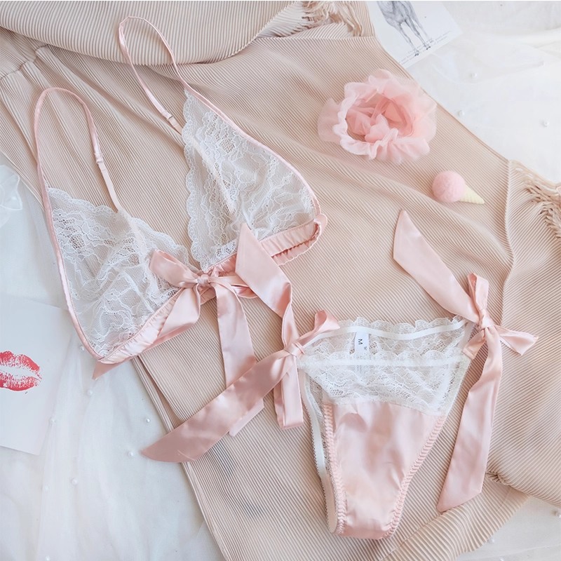 French Sexy Lingerie Lace Ruffles Wire Free Bra and Panty with Garter Underwear Set Temptation See Through Ultra Thin Bra Set