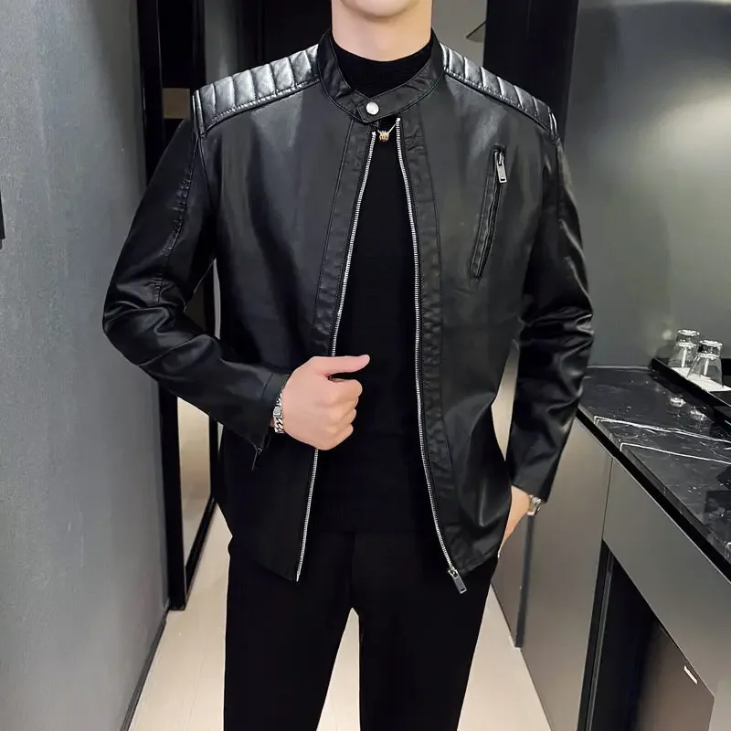 メンズオートバイレザージャケット男性春秋カジュアルスタンドカラー無地白黒レザージャケットジップアップ PU コート