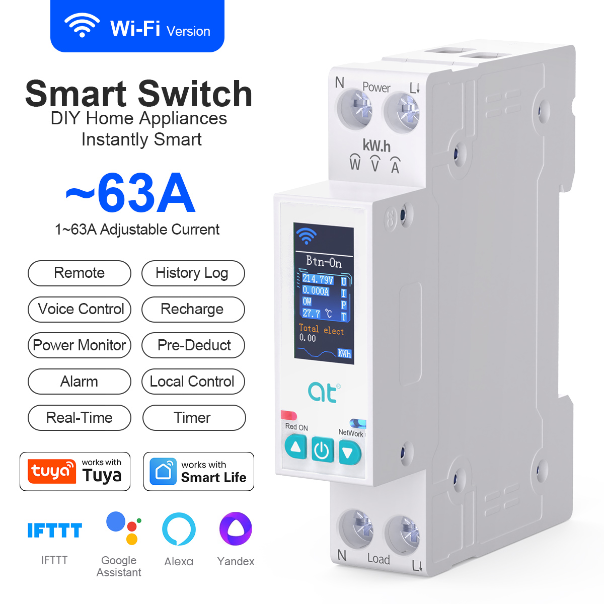 Tuya WiFi スマートスイッチインテリジェンスサーキットブレーカー 1P 63A LED ディスプレイメーターリングリモコン付き過電圧保護