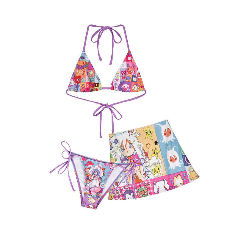 Cute KT  Bikini Japanese Style Cartoon Swimwear Sexy Gathered Small Chest Thermal Spring Beach Vacation Two-Piece Swimsuit