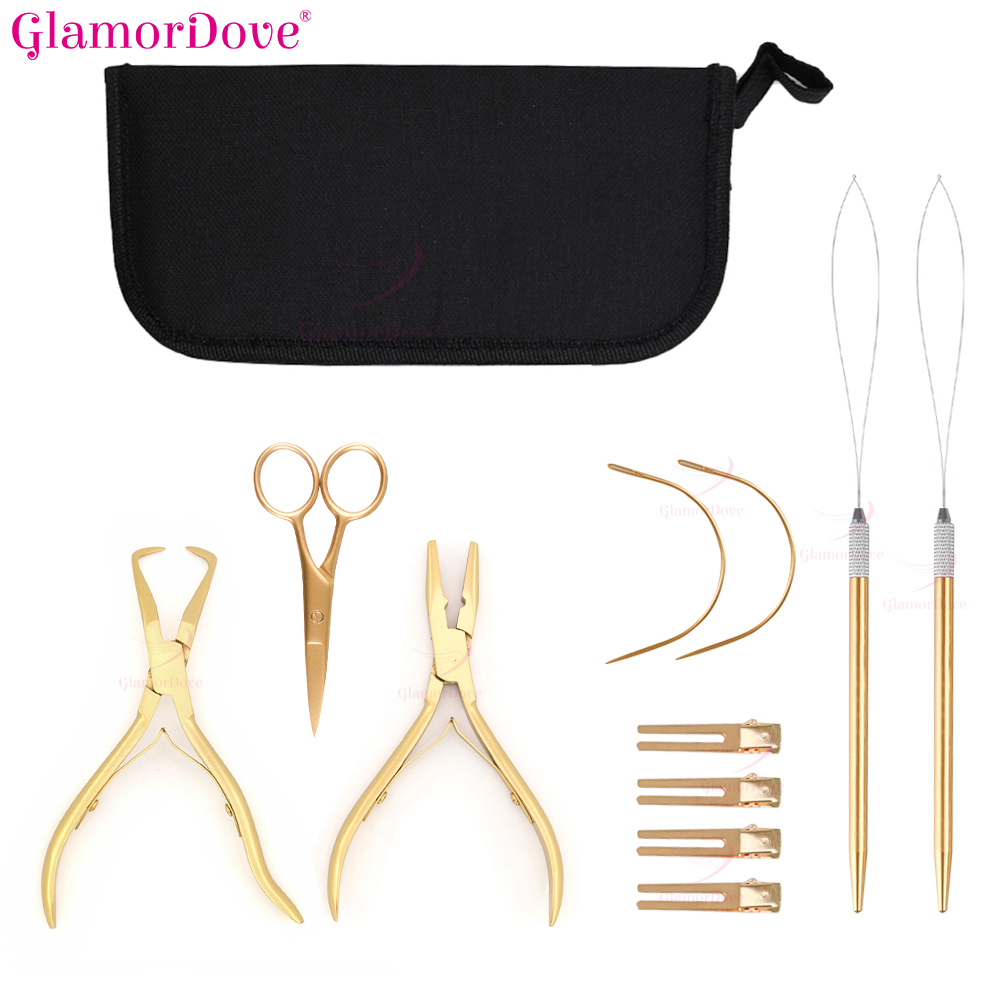 GlamorDove ヘアエクステンション プライヤー セット – マイクロ リング アプリケーター、オープナー プライヤー、ループ ツール、メタル クリップ