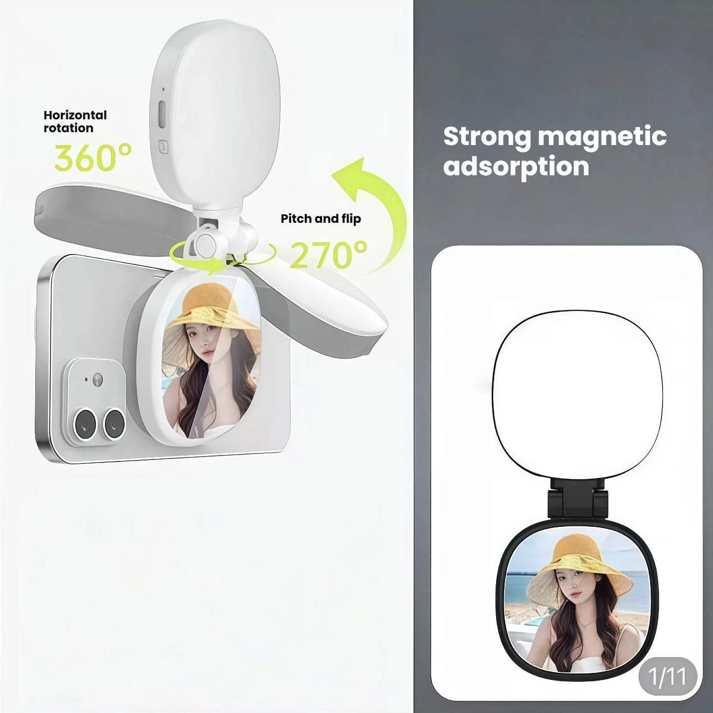 MagSafe iPhone用ミラー付き360° LEDリングフィルライト 磁気自撮りライト 自撮りVlogビデオ通話に最適