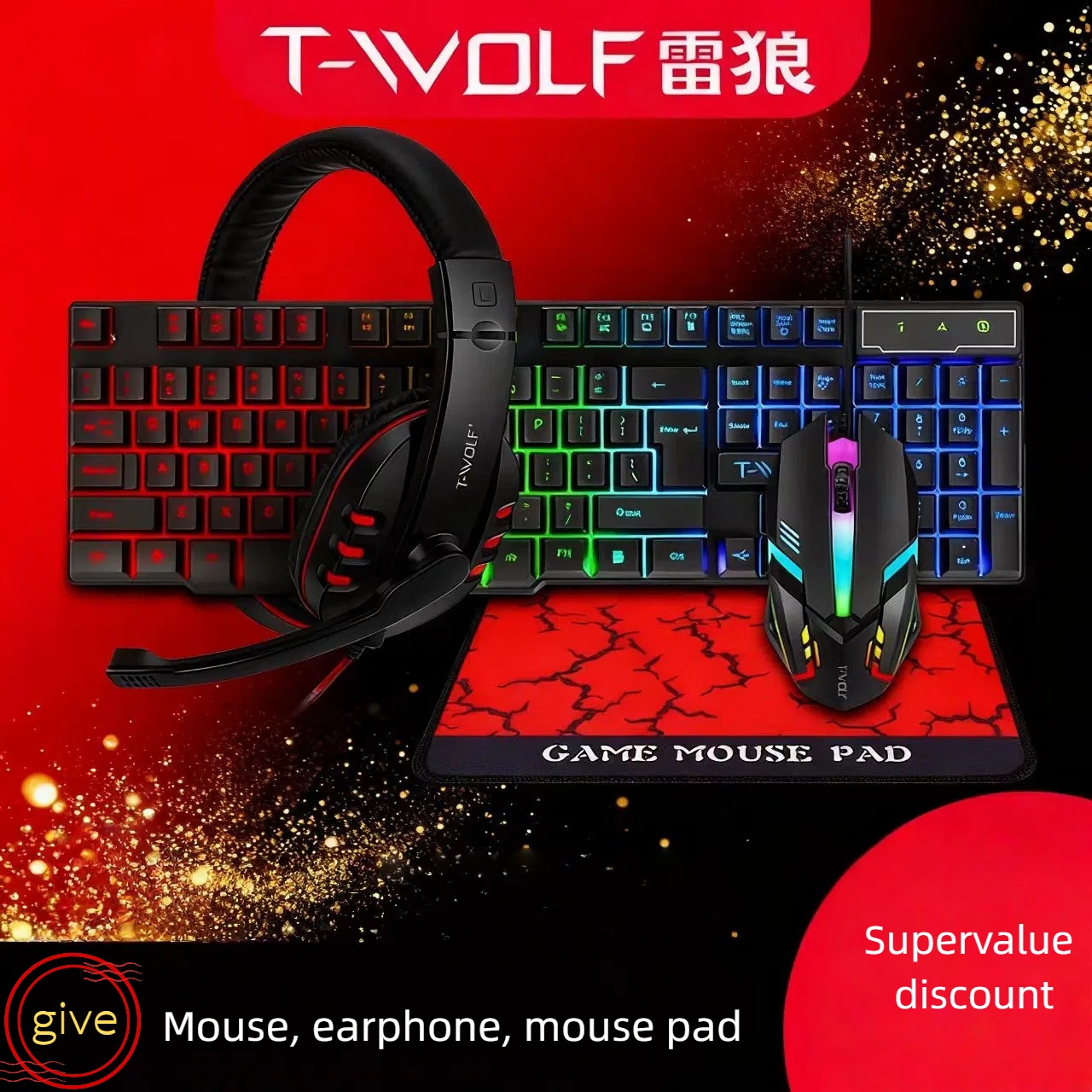 T-WOLF Thunderwolf TF880 有線キーボード、マウス、ヘッドフォン、オーディオの 5 ピース E スポーツ ゲーム超高速の移動速度をお楽しみください。