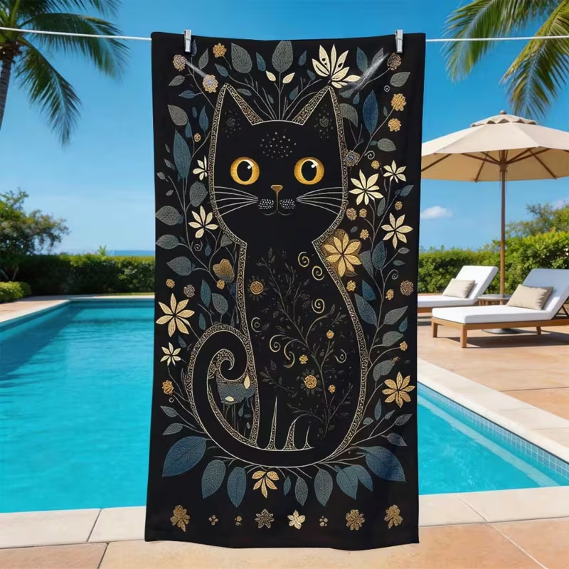 Vintage Floral Black Cat Gold Pattern Beach Towel Quick Dry Sand Free Beach Blanket Camping Summer Travel Beach Towel
