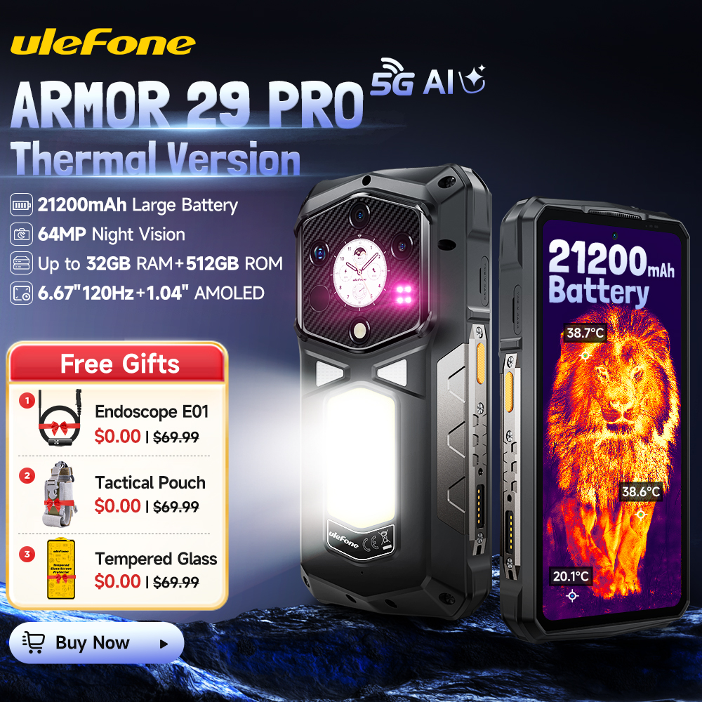 【米国から発送】 Ulefone Armor 29 Pro サーマルバージョン 5G AI 頑丈な電話 21200mAh 120W 64MP ナイトビジョン 6.67" 120Hz 512GB ROM