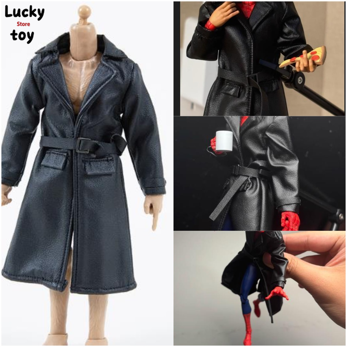 1/12 スケール男性兵士黒トレンドミッドレングスレザートレンチコートの服 12 ''アクションフィギュアアクセサリーボディモデル