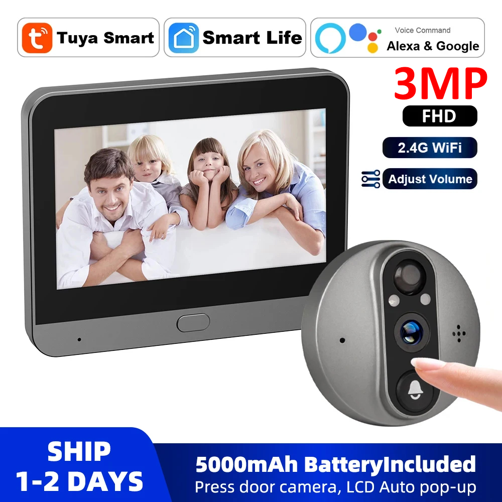 3MP WiFi スマート Tuya のぞき穴 5000mAh ドアベルドアアイカメラ赤外線 Alexa Google ビデオインターホンドアカメラホームセキュリティ