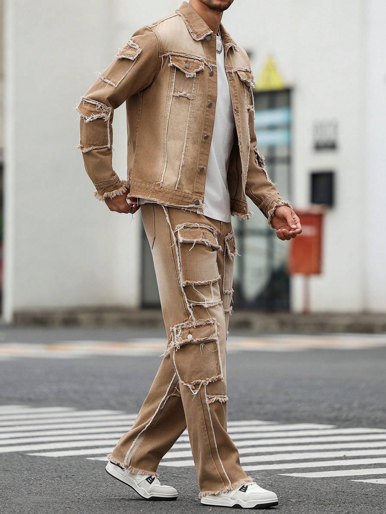 メンズ ディストレスト パッチワーク デニム セット - カーキ ウォッシュド フレイド ジャケット