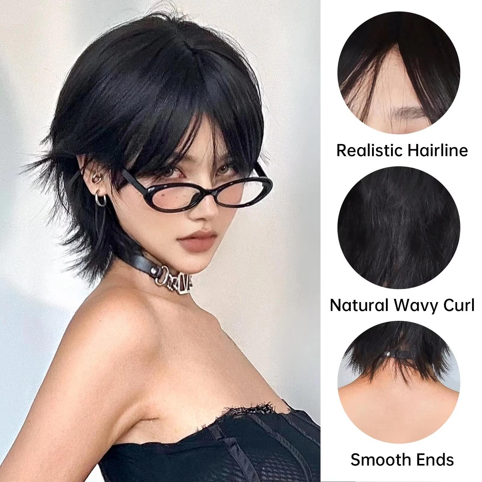 前髪付き12インチショートサーモンヘッドウィッグ、女性用ショートストレートブラック合成ウィッグ、パーティーデイリーユースエルフカットショートウィッグ