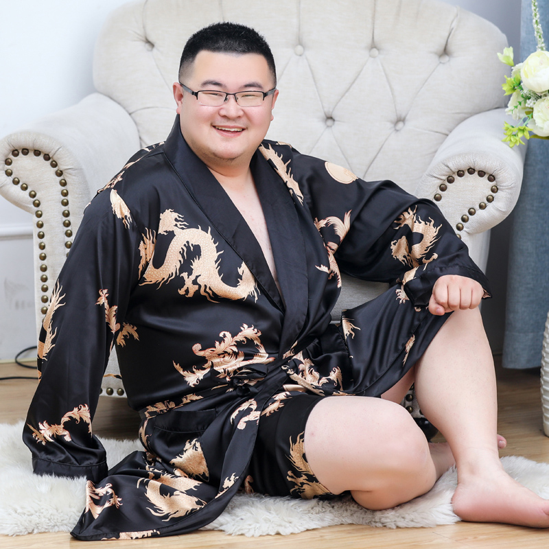 バスローブスリープローブ男性ラウンジホームウェア男性シルキーサテン着物ローブ 2PC 7XL 長袖ショーツセットソフトドラゴンドレッシングガウン