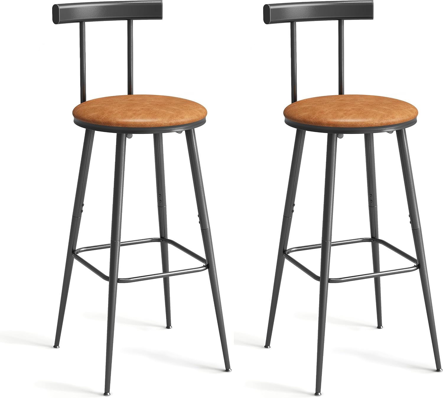 バースツール、ハイキッチンバースツール2個セット、背もたれとフットレスト付きバーチェア、PUソフトシート付き工業用カウンタースツール、