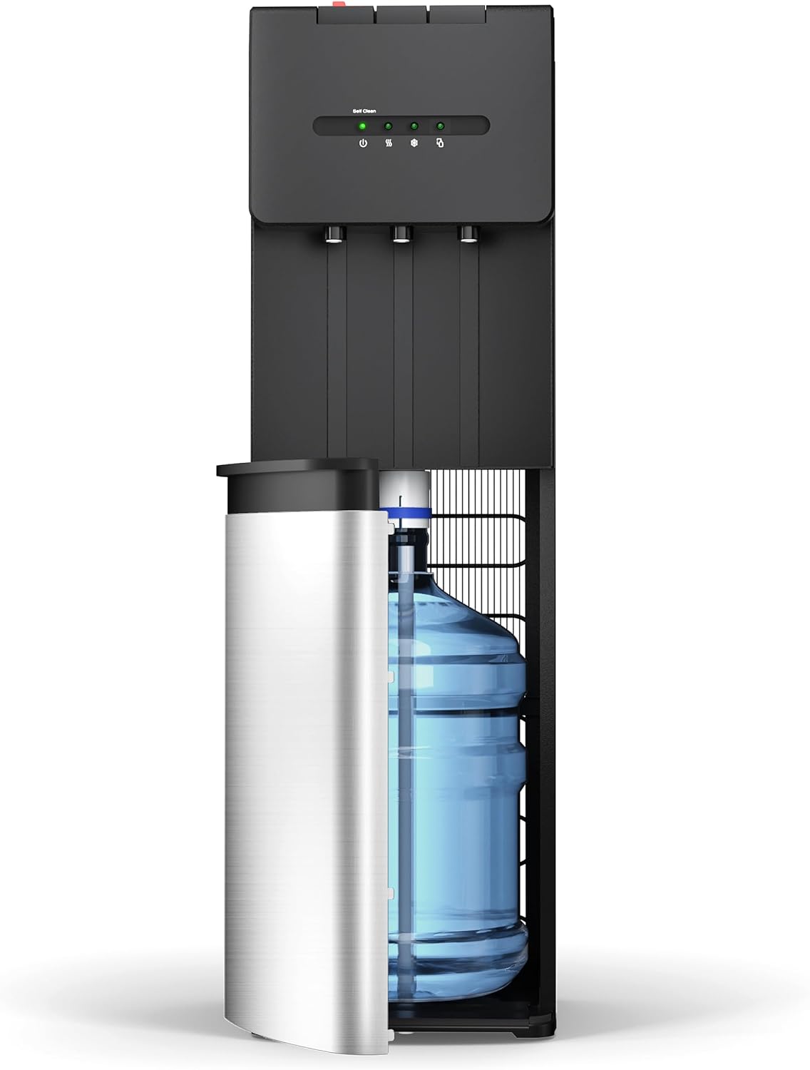 セルフクリーニング機能付きボトムローディングウォータークーラーディスペンサー、3ガロンボトルと5ガロンボトル用 - 温水、冷水、室温の水、チャイルドプルーフ安全ロック、LEDインジケータライト、キッチンやオフィスに最適