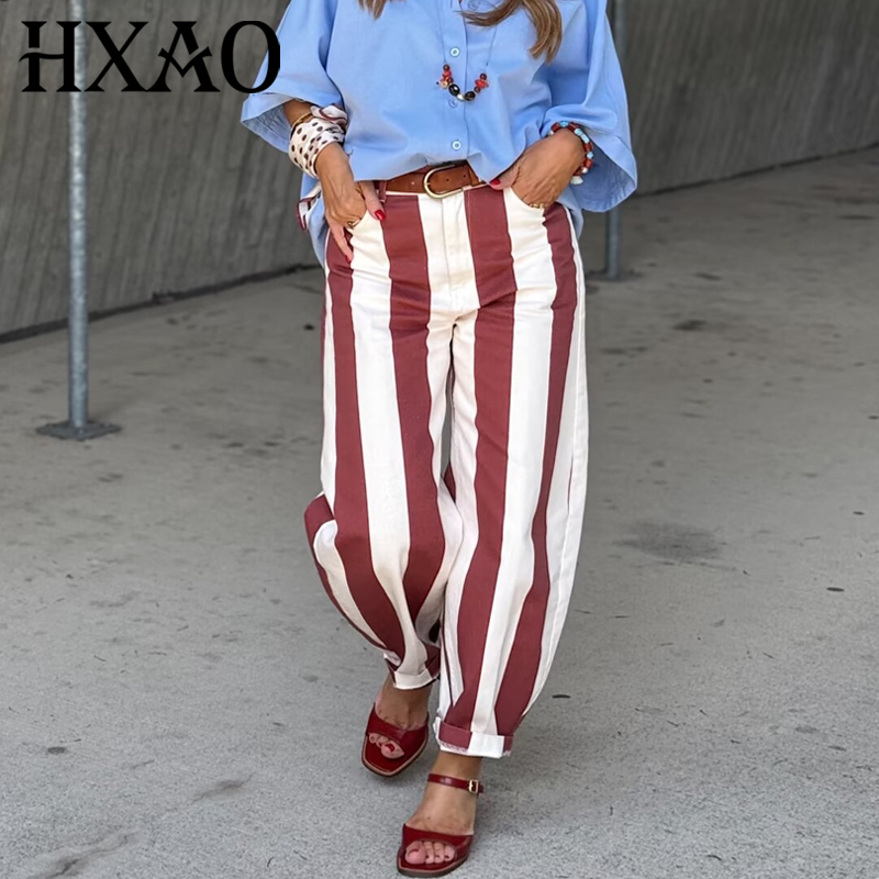 HXAO ストライプデニムパンツ女性のジーンズ夏 2026 シックなミッドウエストワイドレッグだぶだぶのスウェットパンツレディースストリートジョガーパンツ