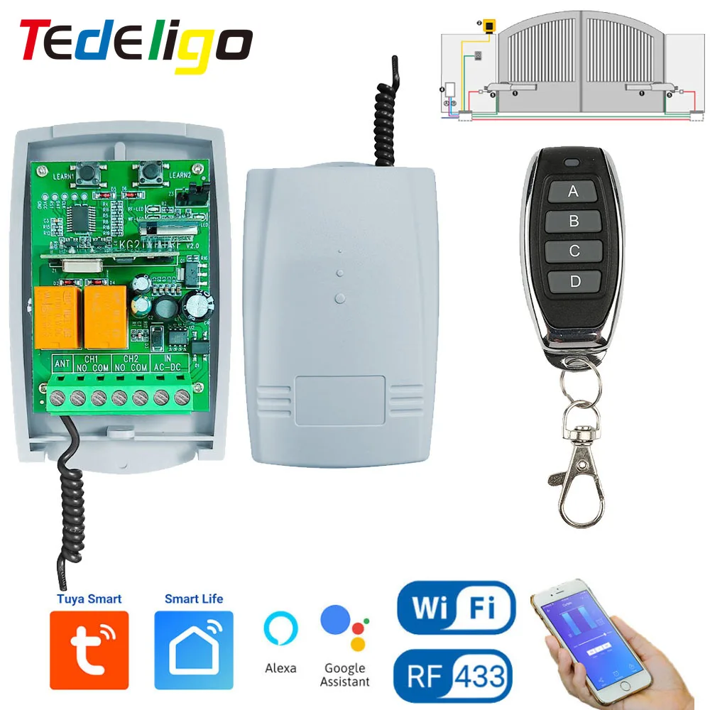 Tedelig Tuya WiFi RF 433MHz スマートガレージ引き戸ゲートオープナーコントローラーワイヤレス DC AC 12V 24V スイッチ、ローリングコードサポート