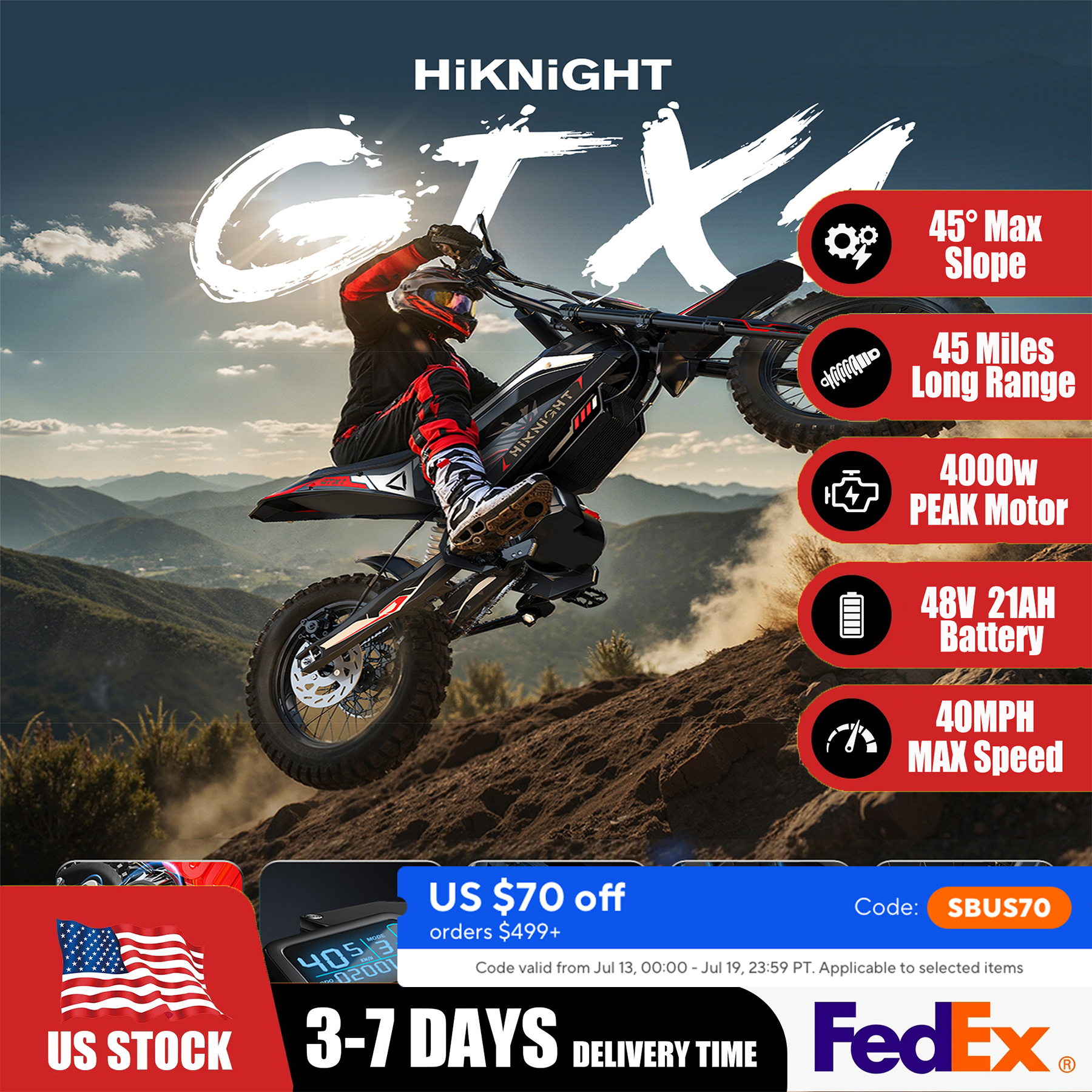 HIKNIGHT NEW GTX1\2 5000W\4000W ユースオフロード電動バイク。 E タイプのオフロード バイクは、防水アルミニウム合金フレームと衝撃吸収フレームを備えており、あらゆる地形に適しています。