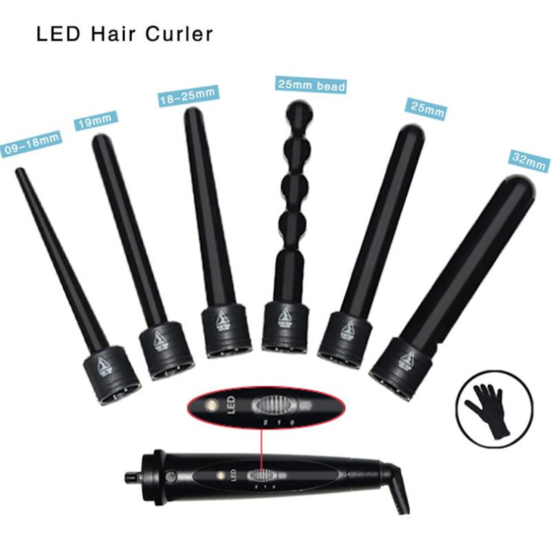 6 IN 1 プロフェッショナル 9-32 ミリメートルヘアアイロンヘアカーラー 0.35 に 1.25 インチのセラミックスタイリングツールヘアサロン手袋 2 と交換可能