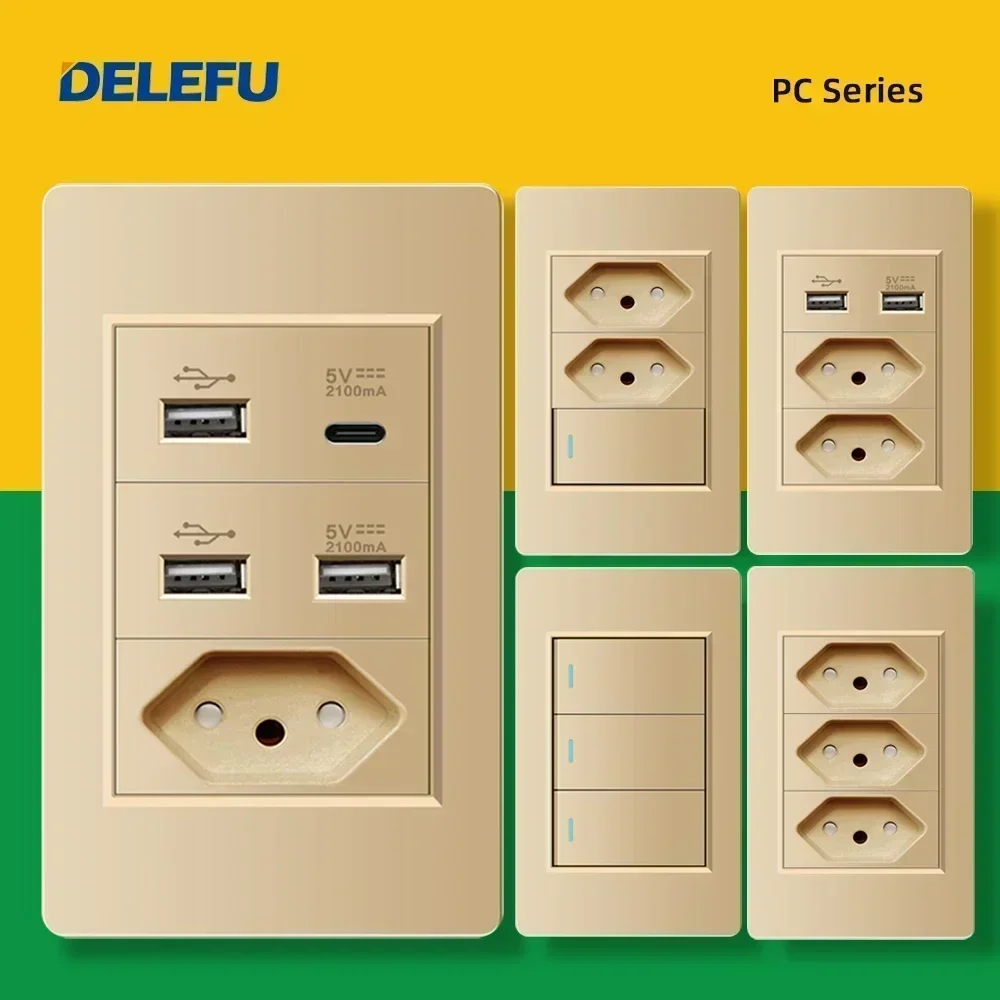 DELEFU PC パネル耐火ダブル USB タイプ C 充電ブラジル標準コンセントゴールド壁電源ライトスイッチ電気プラグ 10A 20A