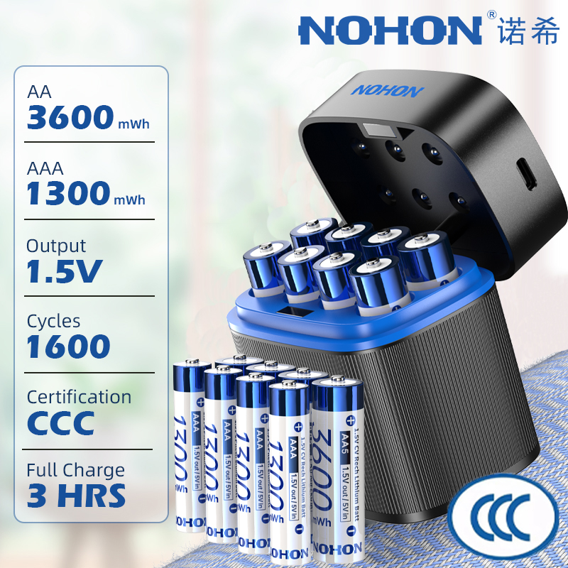 NOHON 充電式単四電池 Type-C ケーブル充電オリジナルバッテリー 3600mWh 高容量 1.5V 1300mWh リチウムイオン単三電池