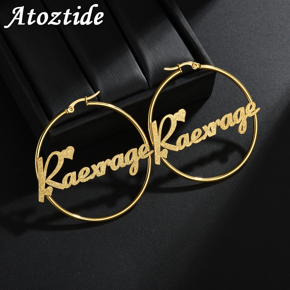 Atoztide Personalized Name Stainless Steel Letter Earrings For Women Custom Name Circle Frosted Earrings  Party Jewelry Gift