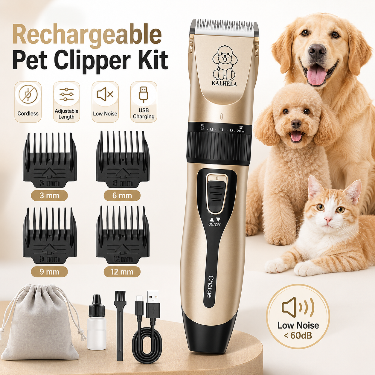 プロのペットグルーミングクリッパーキット 充電式犬猫ヘアトリマー セラミックブレード付き電動ペットヘアカットマシン USB充電 低ノイズ 調節可能なガイドコーム 犬猫および小型アニマ用
