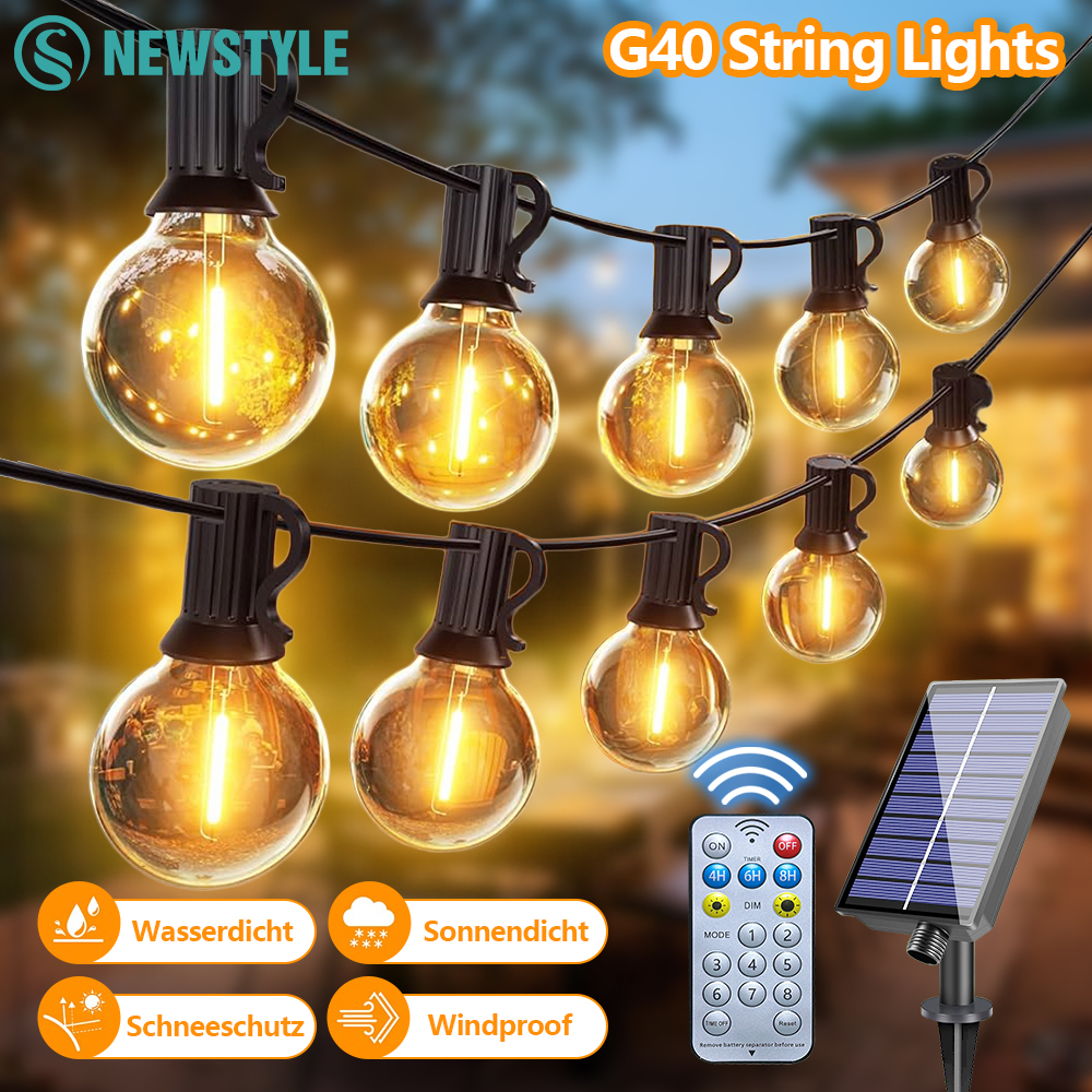ソーラーストリングライト屋外用リモートLED飛散防止電球調光可能G40ソーラーストリングライト屋外裏庭パーティー装飾用