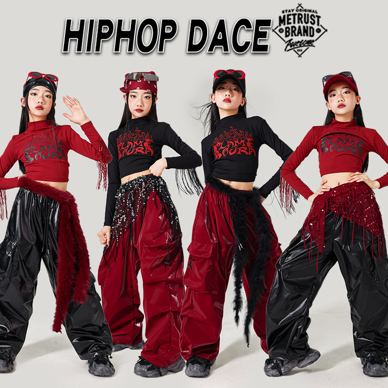女の子 K-POP ファッションクロップトップダンスレザーカーゴパンツ子供ヒップホップガールグループ服セット子供ストリートジャズクール衣装