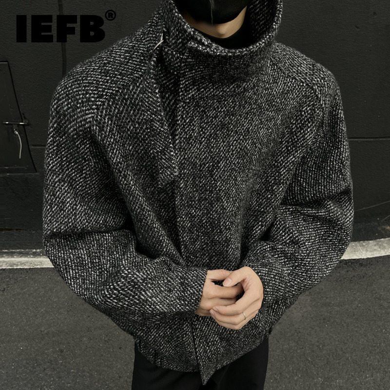 IEFB ファッショナブルでシンプルな暖かいツイルショートウールメンズコートハイネック長袖ジッパー防風ジャケット冬の新潮 9X2039