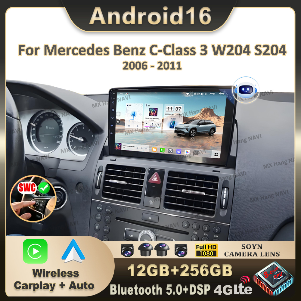 Android16 車の自動車 Carplay ラジオメルセデスベンツ C クラス 3 C220 C180 W204 S204 2006-2011 マルチメディアビデオプレーヤーヘッドユニット