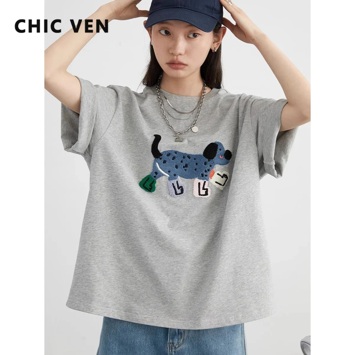 シック VEN 女性 Tシャツルーズストリートユニセックス楽しい犬刺繍半袖コットンガール Tシャツ女性トップ夏 2025