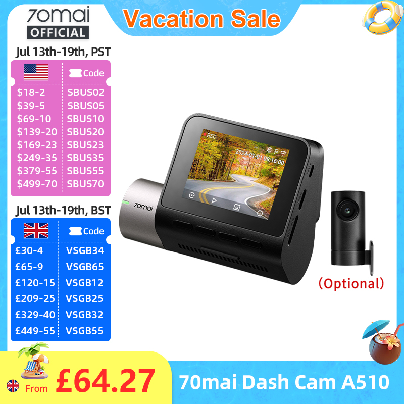 グローバルバージョン 70mai ダッシュカム A510 1944P 3K 画像 HDR GPS ADAS 140FOV 24H 駐車場 4G 車 DVR 70mai A510 サポートリアカム