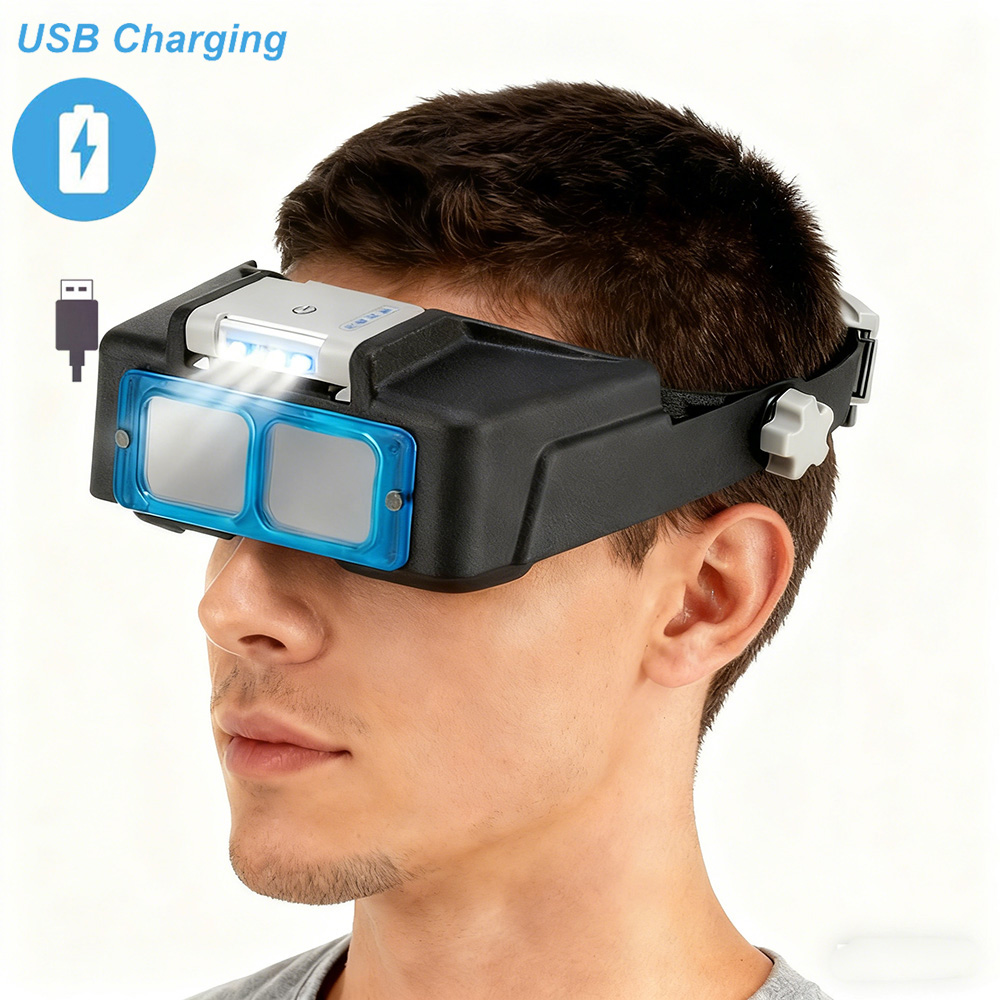 新しいヘッドマウント虫眼鏡、4 LEDライト、USB充電、溶接拡大鏡の読み取りに適した光学ガラスレンズ付き