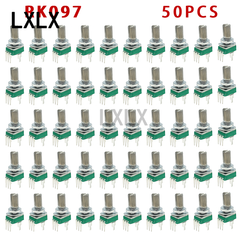50 個 RK097 ポテンショメータ B2K 〜 1M オーム B2K 5K 10K 20K 50K 100K 500K 1M オーム 3 ピン 15 ミリメートルシャフト垂直シングルターンオーディオ DIY