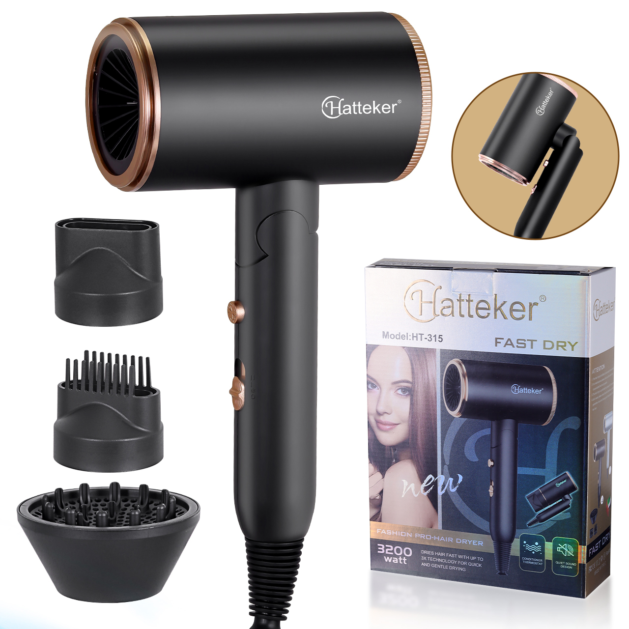 Hatteker 3200 ワット折りたたみ EU ヘアドライヤー電気ハイパワー家庭用 2 つの風温設定とマイナスイオンヘアケア