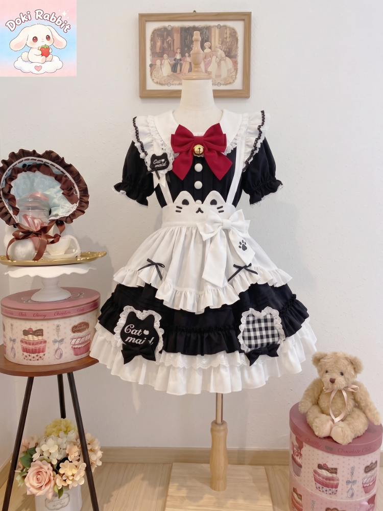 和菓子ロリータ パフスリーブ ハイウエスト 2 枚セット女性弓猫プリントエプロンドレスかわいいメイド Y2k デイリーコスプレパーティー