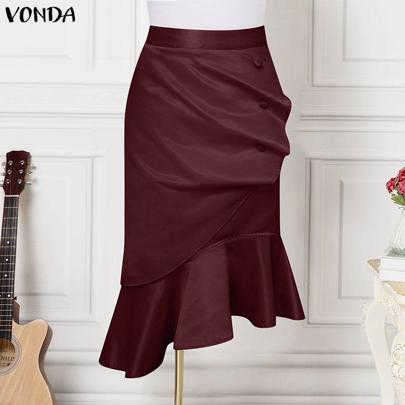 エレガントな OL 作業パーティー女性スカート VONDA フリル裾プリーツスカートファッション無地 Vestidos ボトムスストリートロングスカート