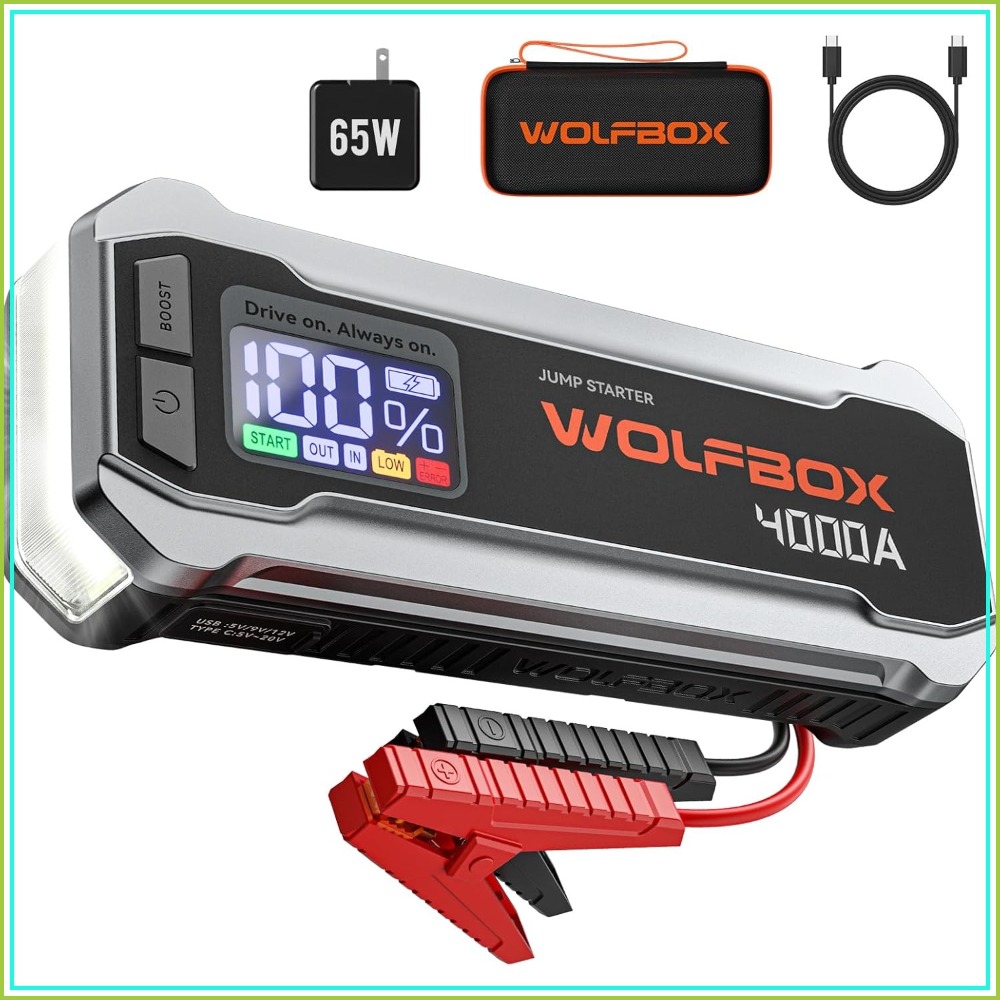 4000A ジャンプスターター、65W USB-C 付き 12V カーバッテリーブースター、LCD ディスプレイ、10L ガス/10L ディーゼル用 88.8Wh、LED ライト