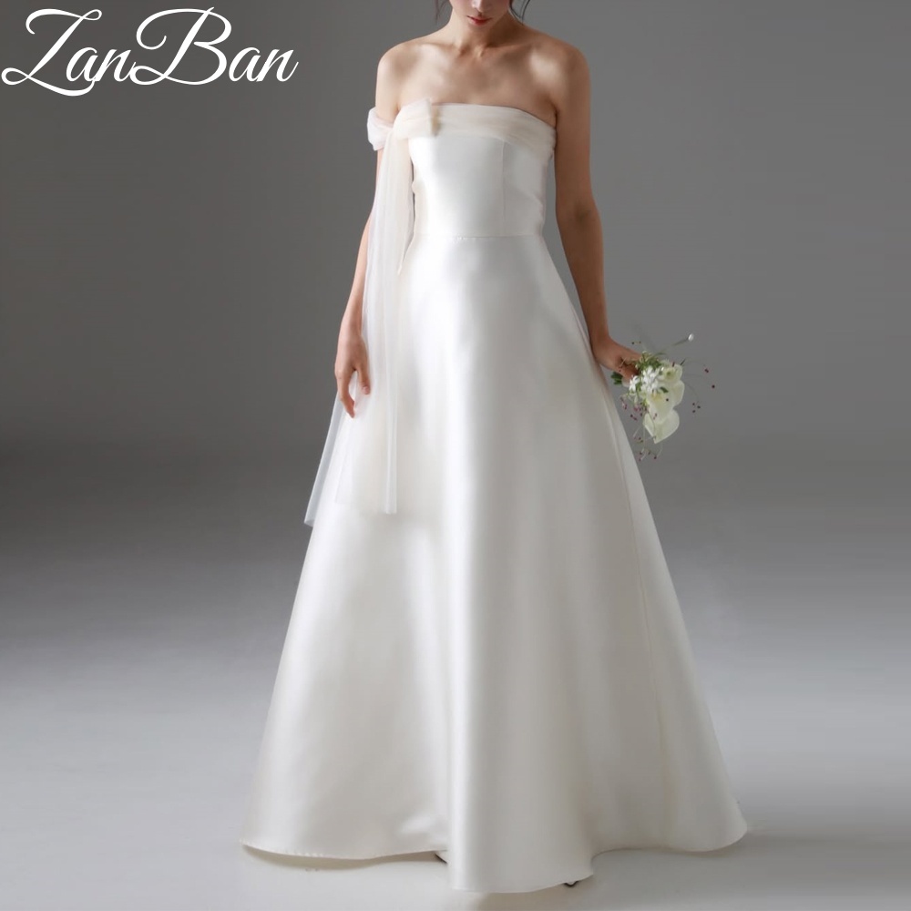 ZanBan ドリーミング韓国結婚式パーティードレスリボン付きアイボリーサテン A ライン写真撮影ブライダルレセプションドレスカスタマイズ 웨딩드레스