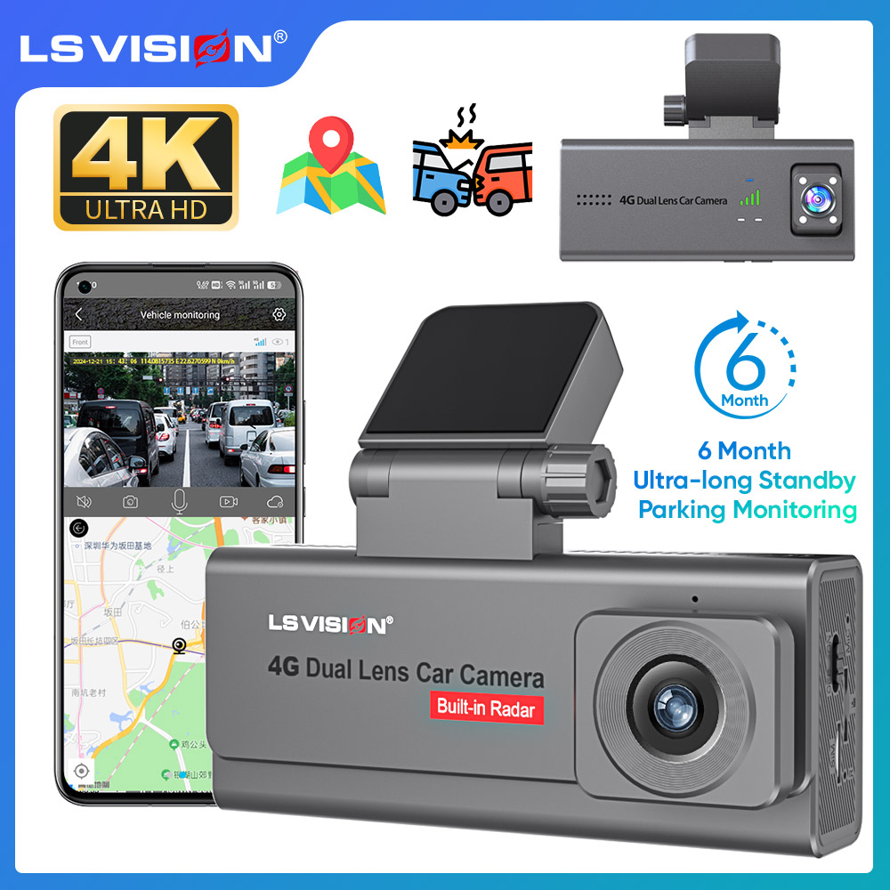 LS VISION 4G Sim カーセキュリティカメラ 4K デュアルレンズドライブレコーダー GPS 人体検出オールラウンド 6 ヶ月間スタンバイ駐車監視