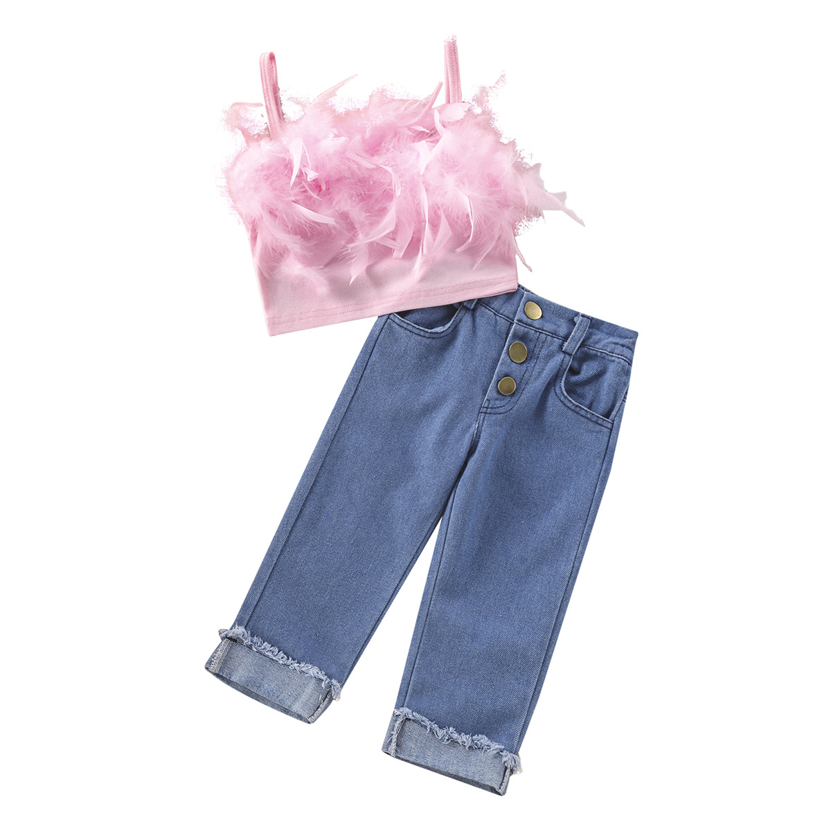 2024 夏秋服セット女の赤ちゃんホルター tシャツデニムパンツ 2 個衣装ファッション女の子熱い販売服