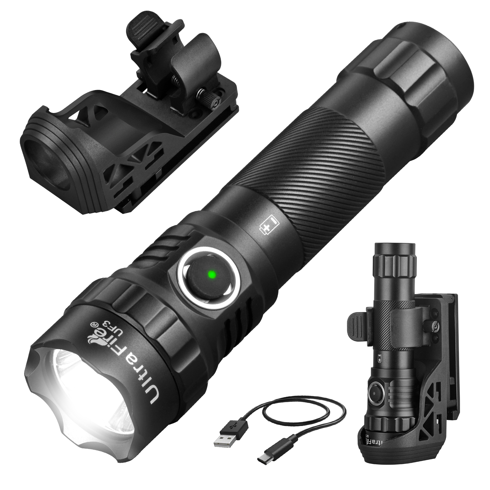 UltraFire UF3 戦術懐中電灯 1200LM 強力な警察 LED トーチ 3 モード 21700 USB C 充電式 360° ベルトクリップホルスター付き