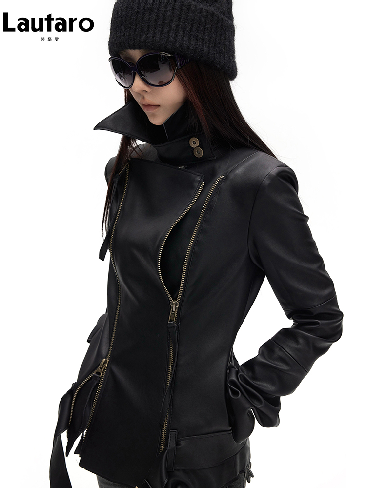 Lautaro 春秋のクールなハンサムなソフト黒 Pu レザージャケット女性長袖ダブルジッパー高級服滑走路ファッション
