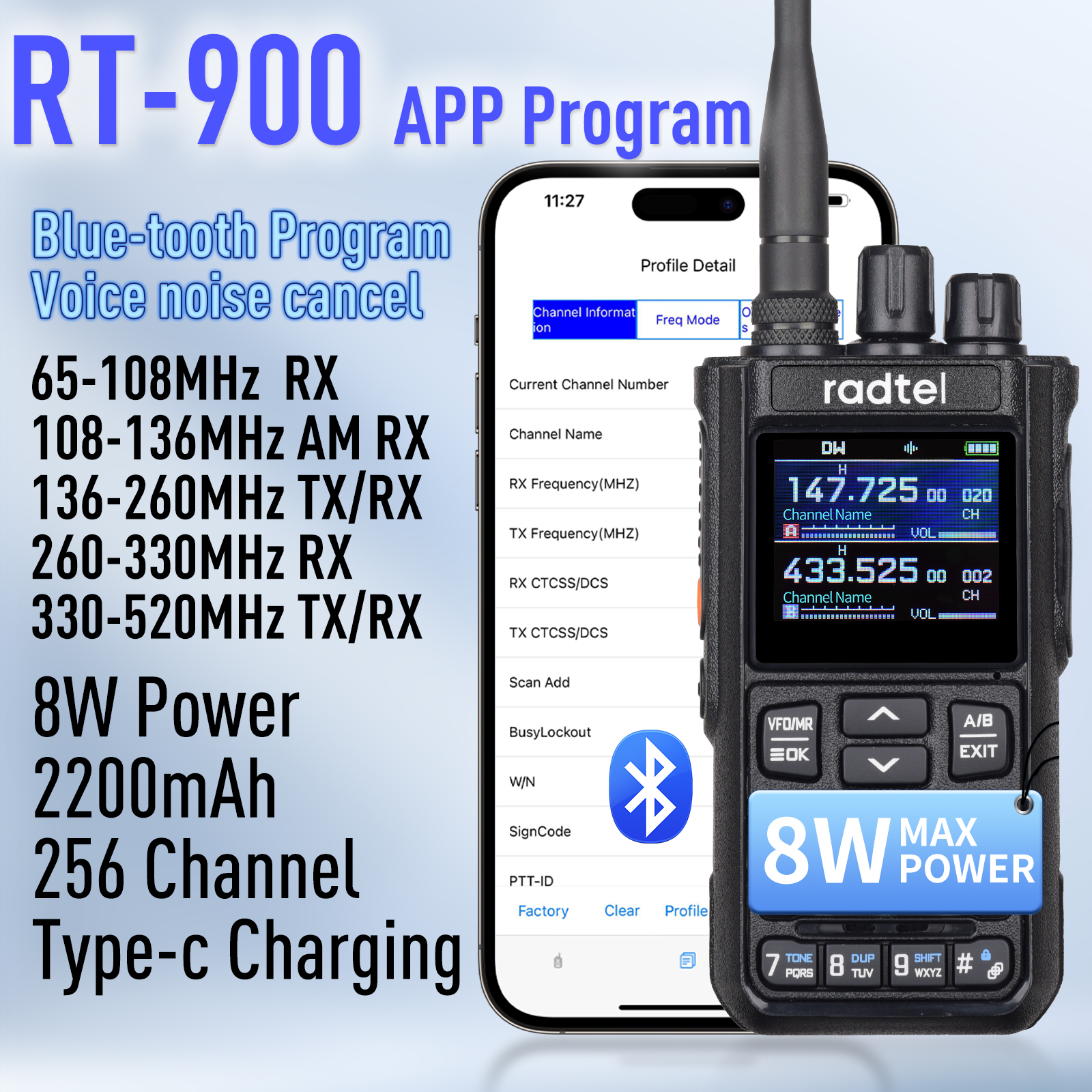 Radtel RT-900 8 ワットフルバンドアマチュア無線トランシーバー 256CH エアバンド双方向ラジオ局航空 NOAA 警察マリンリバー PTT