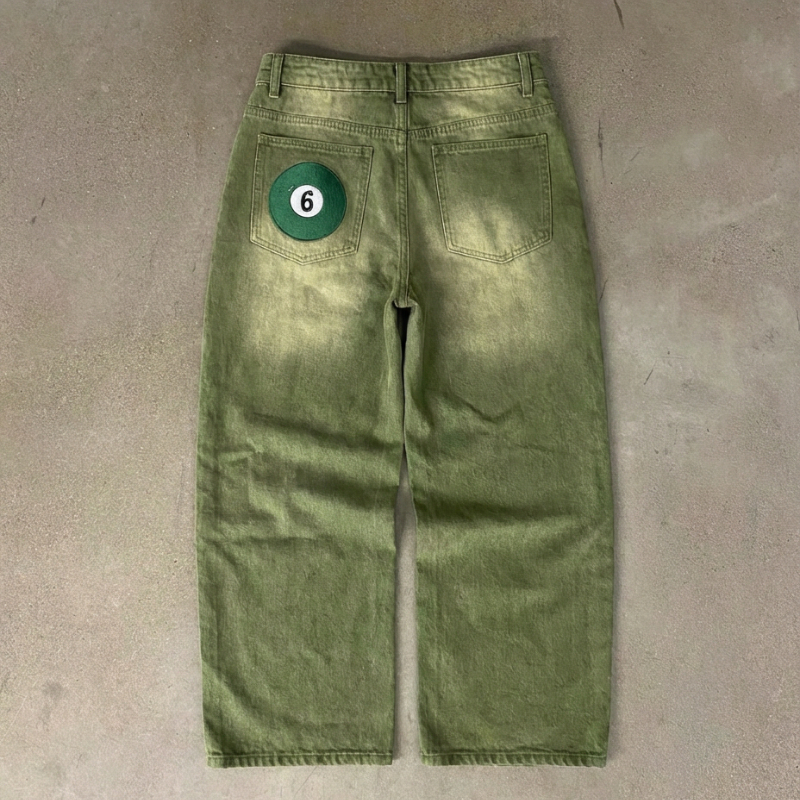 Y2K ストリート抹茶デニム ジーンズ ポケット グリーン 6 ボール刺繍デニム パンツ ロンドン ハイストリート トレンド ストリート ユニセックス バギー ジーンズ
