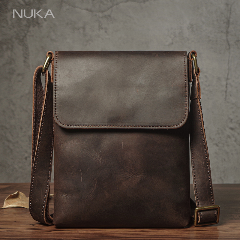 NUKA メンズ 本革 ショルダーバッグ 高品質 クレイジーホース クロスボディバッグ シンプル 軽量 スリングバッグ 小型メッセンジャーバッグ