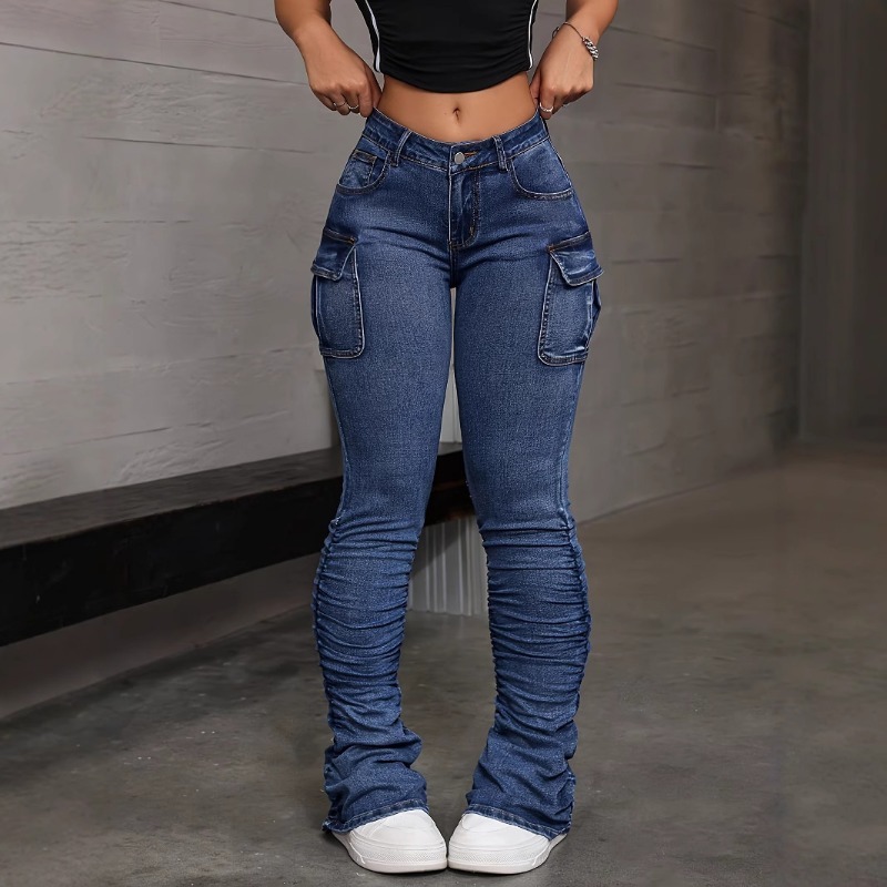 女性ハイウエスト弾性ジーンズレディースセクシーなヒップリフティングデニムパンツマルチポケット夏のファッションストリート女性スリムパンツ