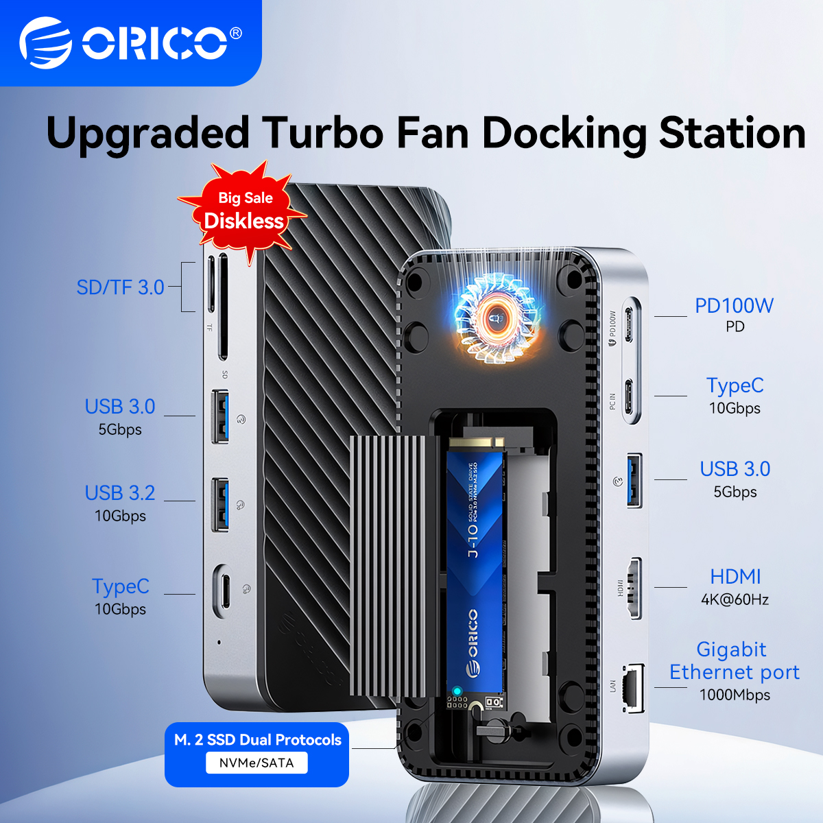 オリコ USB C ハブアップグレードターボファンドッキングステーション PD100W 10Gbps M.2 NVMe SATA SSD エンクロージャ外部 4K 60Hz HDMI RJ45 SD/TF