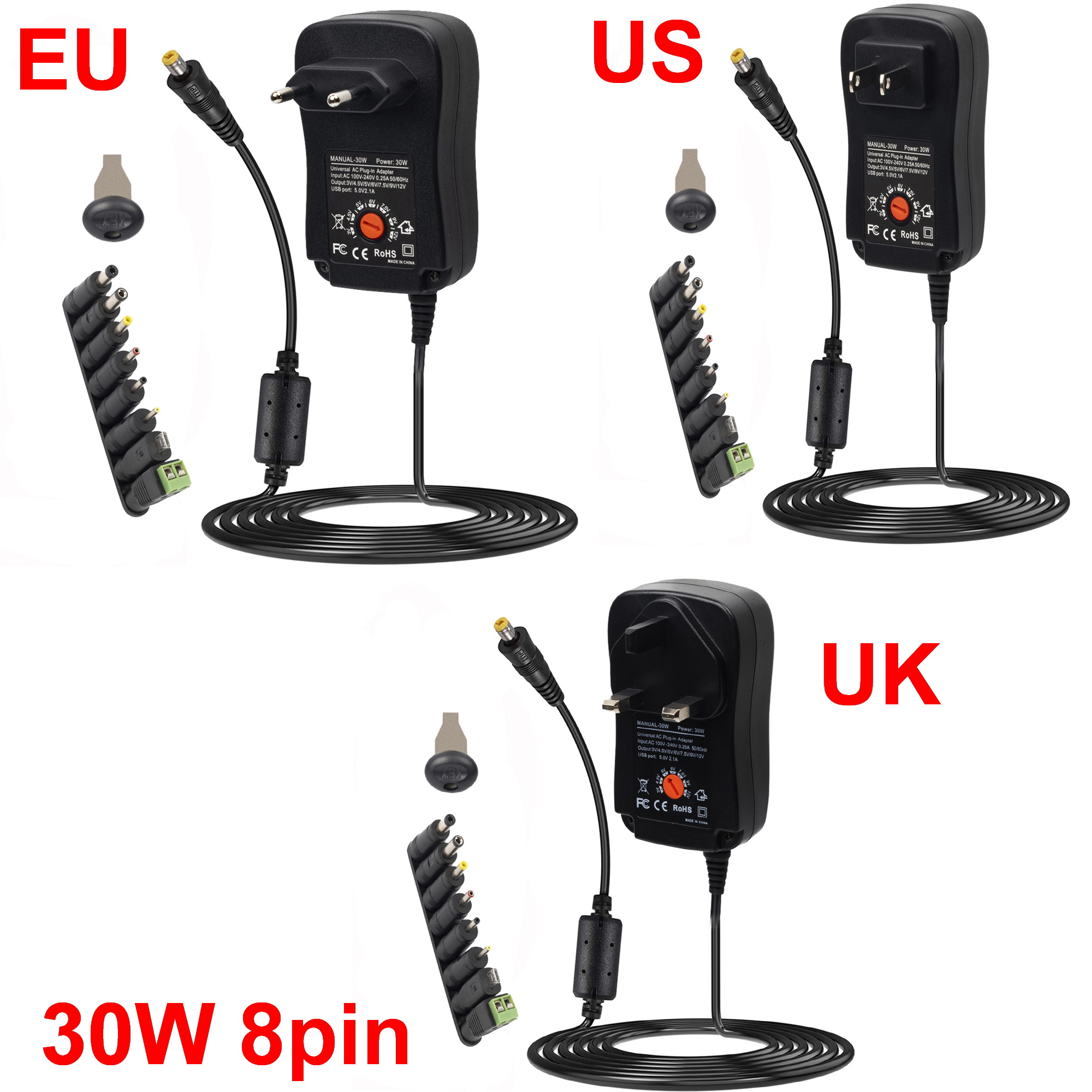 3V/4.5V/5V/6V/7.5V/9V/12V 2A/2.5A AC/DC EU US UK プラグ調整可能な電源アダプタ USB ユニバーサル充電器スイッチ電源