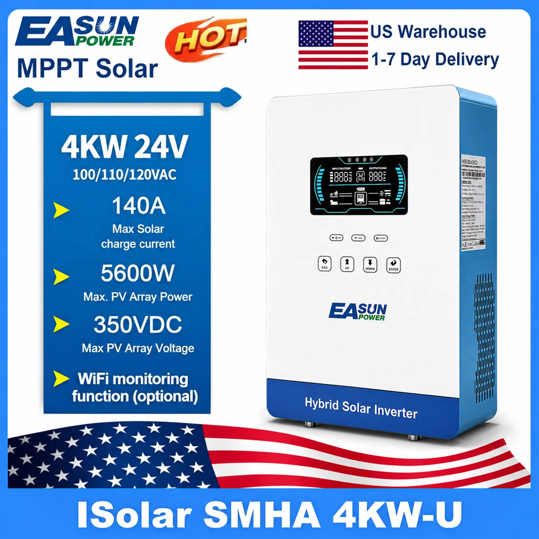 EASUN POWER ハイブリッド Soalr インバーター 4KW MPPT 140A 350VDC PV 入力 110VAC 24VDC 4000W 純粋な正弦波 WIFI あり/WIFI なし